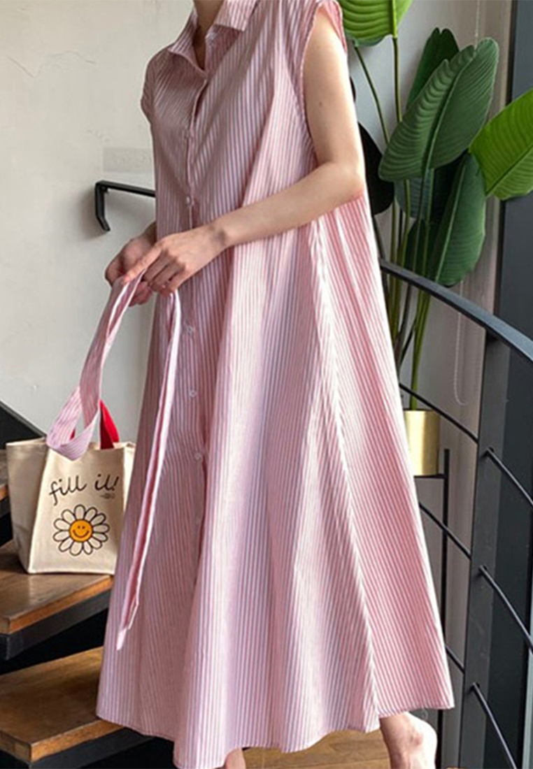 2023 Summer New Simple Striped Sleeveless Korean-style Shirt Dress CA061314BL