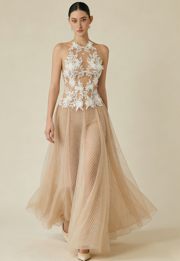 Elegant Sleeveless Floral Embroidered Maxi Dress Formal Wedding Guest Prom Dress K26040914