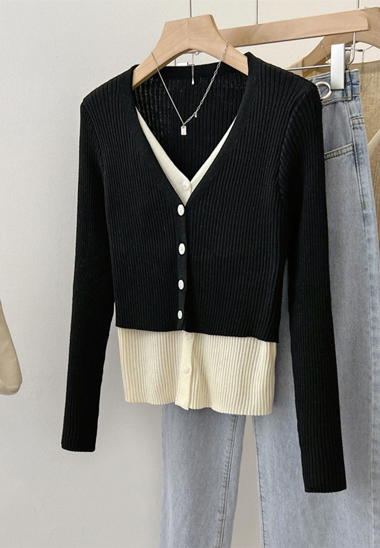 Preppy fake two-piece top knitted cardigan jacket CA110214BE