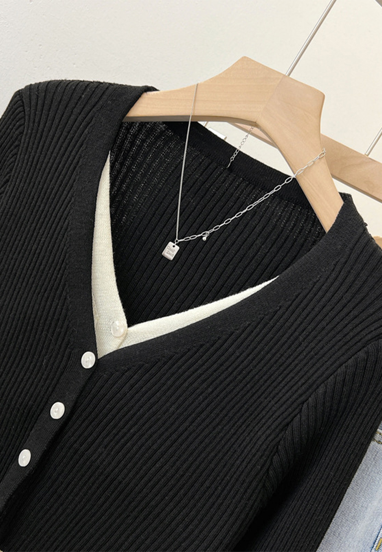 Preppy fake two-piece top knitted cardigan jacket CA110214BE