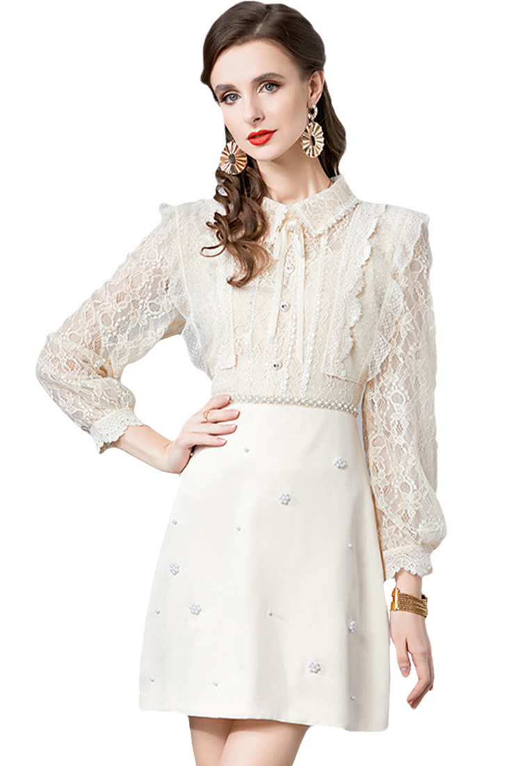 Rhinestone bead embroidery lantern sleeve dress A110614