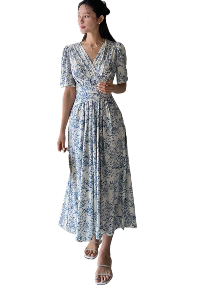 French style ink printed lace up dress CA25032714BK