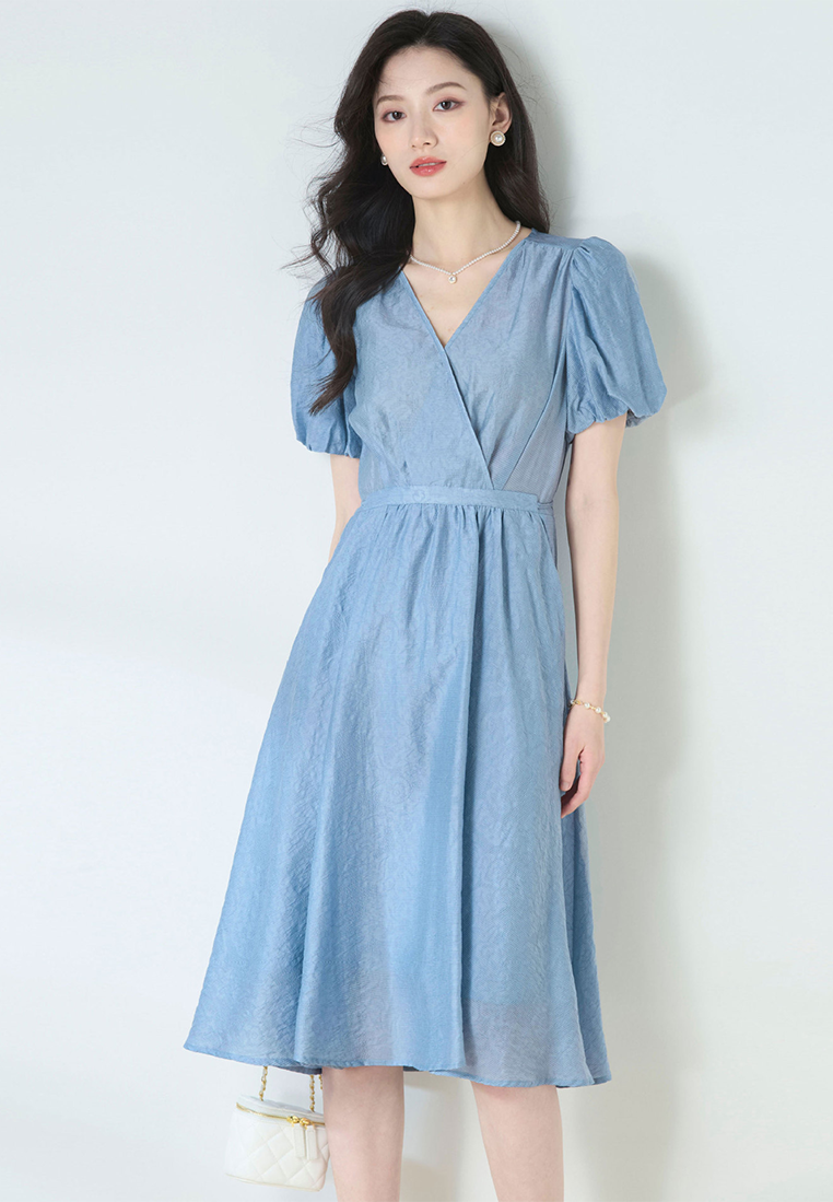 Summer French V-neck waist tie blue Tencel jacquard dress CA25052914BL