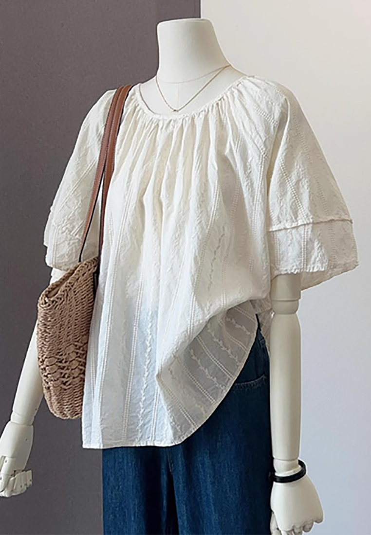 French Retro Round Neck Cotton and Linen Embroidered Short Sleeve CA25061714BE