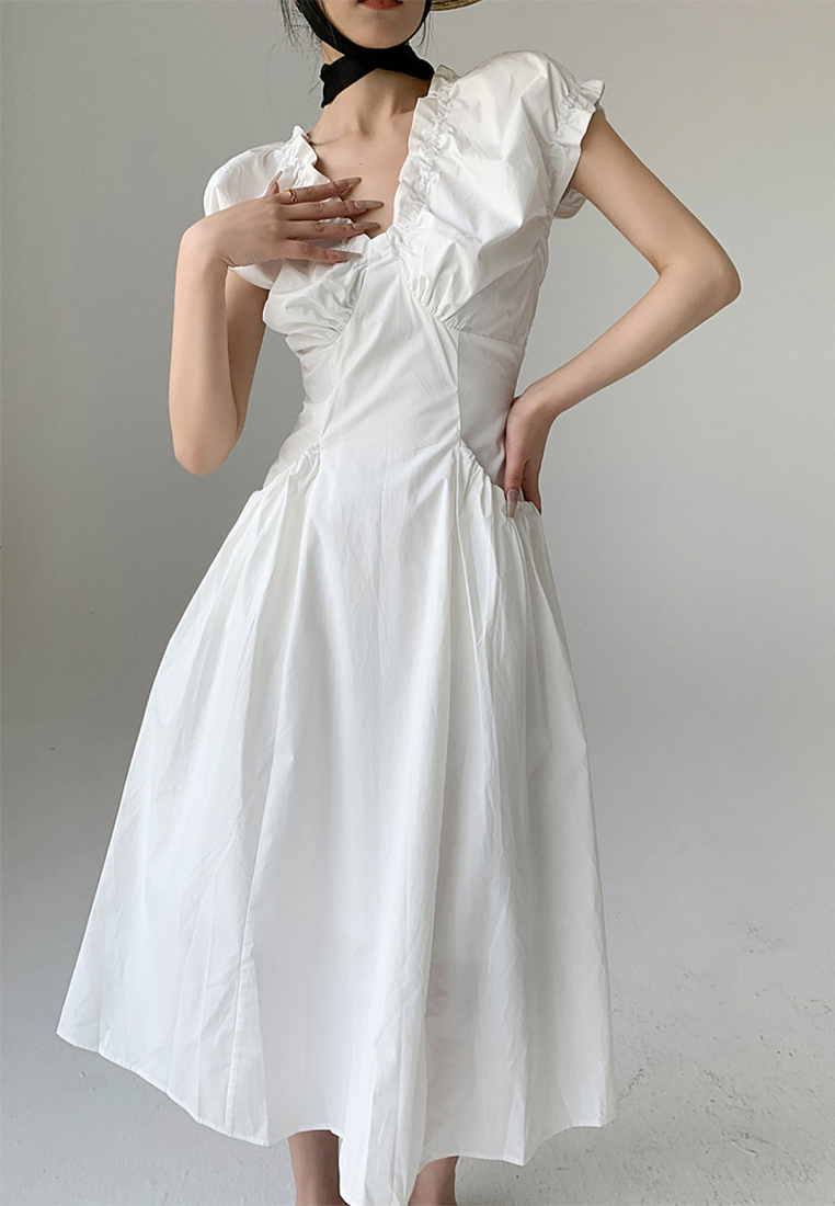 Summer French V-neck Puff Sleeve Dress CA25061714W