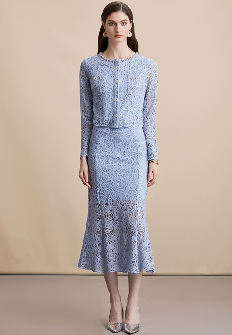 French-style Embroidered Long-Sleeved Lace Top with High-Waist Skirt Set CA25091515BL