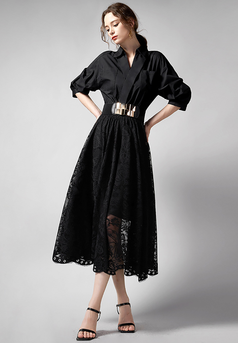 Autumn new high waist lace large swing shirt dress CA25100914BK