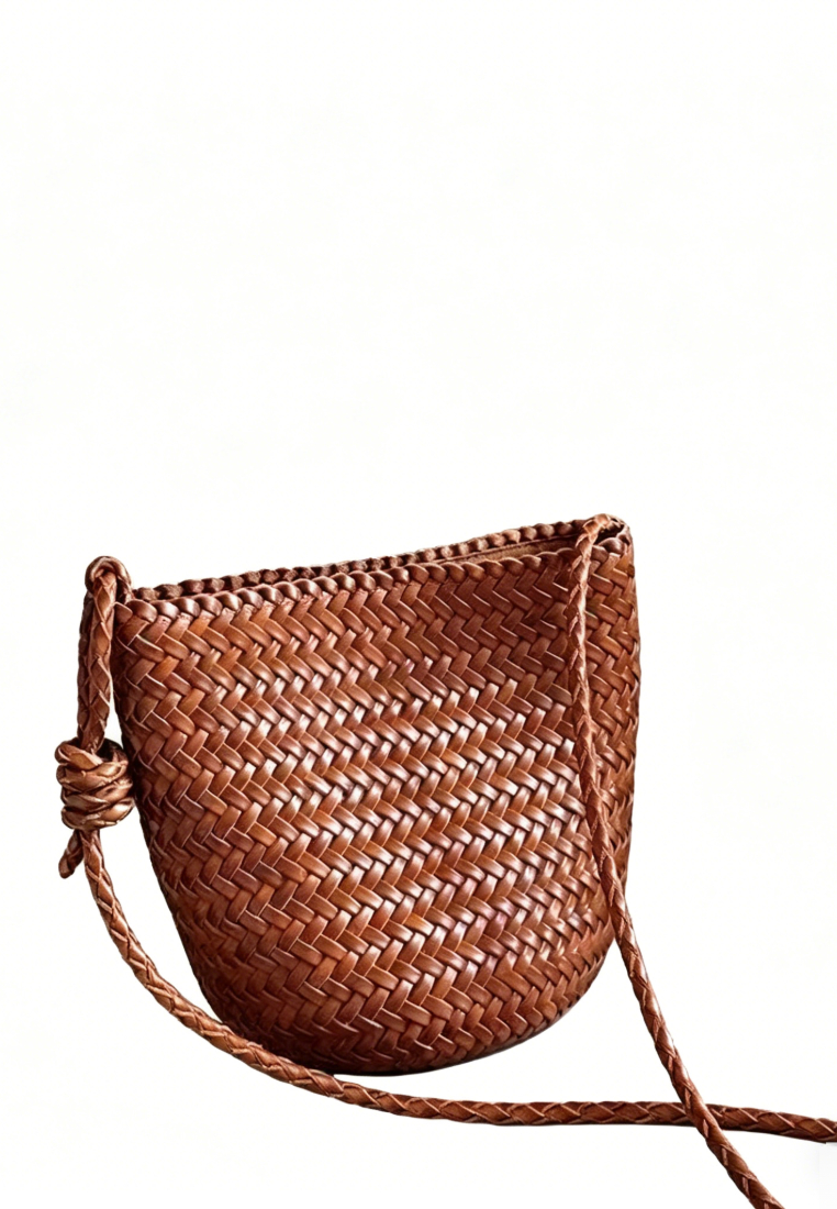 Vintage Woven Leather Bucket Crossbody Bag K 26051908