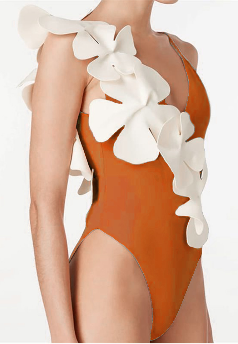 Retro elegant ruffled body-fitting one-piece waist-back strap hollow-out solid-color swimsuit CA23050414 -sunnydaysweety