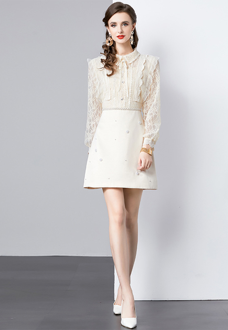 Rhinestone bead embroidery lantern sleeve dress A110614