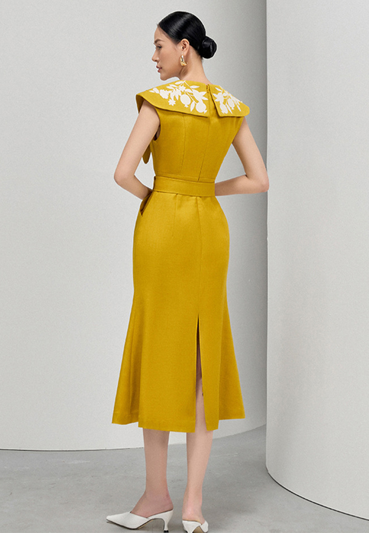 2024 Summer New V-neck Flip Neck Slimming Front Split Fishtail Dress CA4021914YE