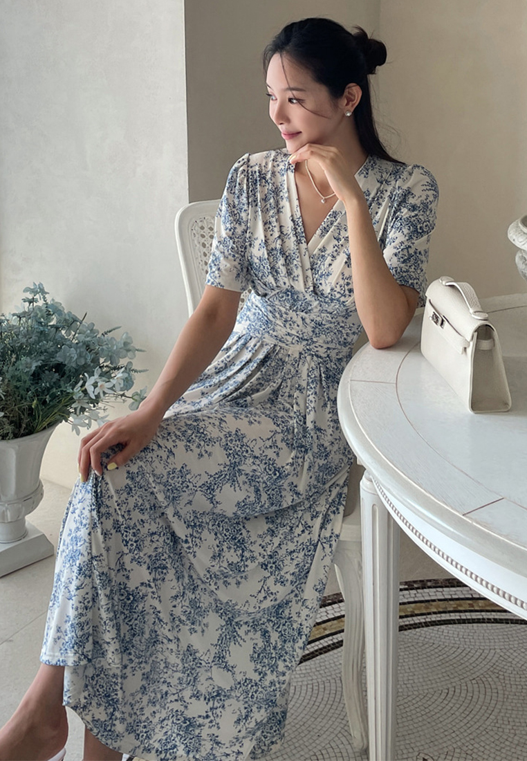 French style ink printed lace up dress CA25032714BK