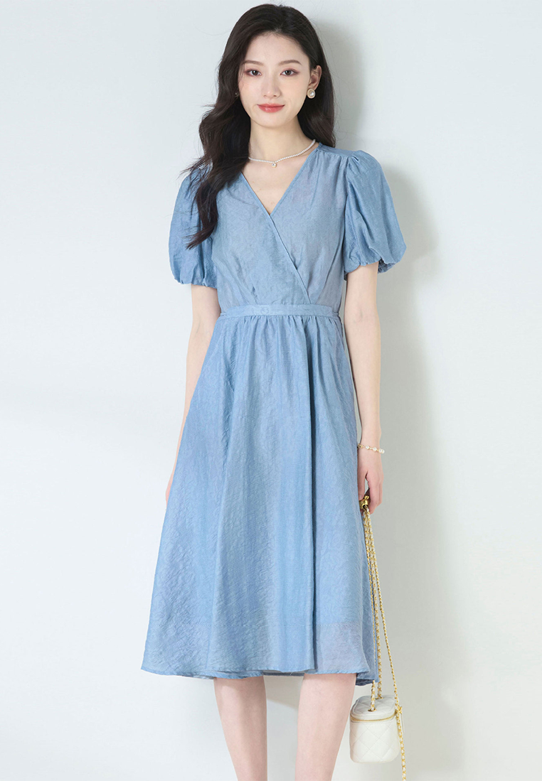 Summer French V-neck waist tie blue Tencel jacquard dress CA25052914BL