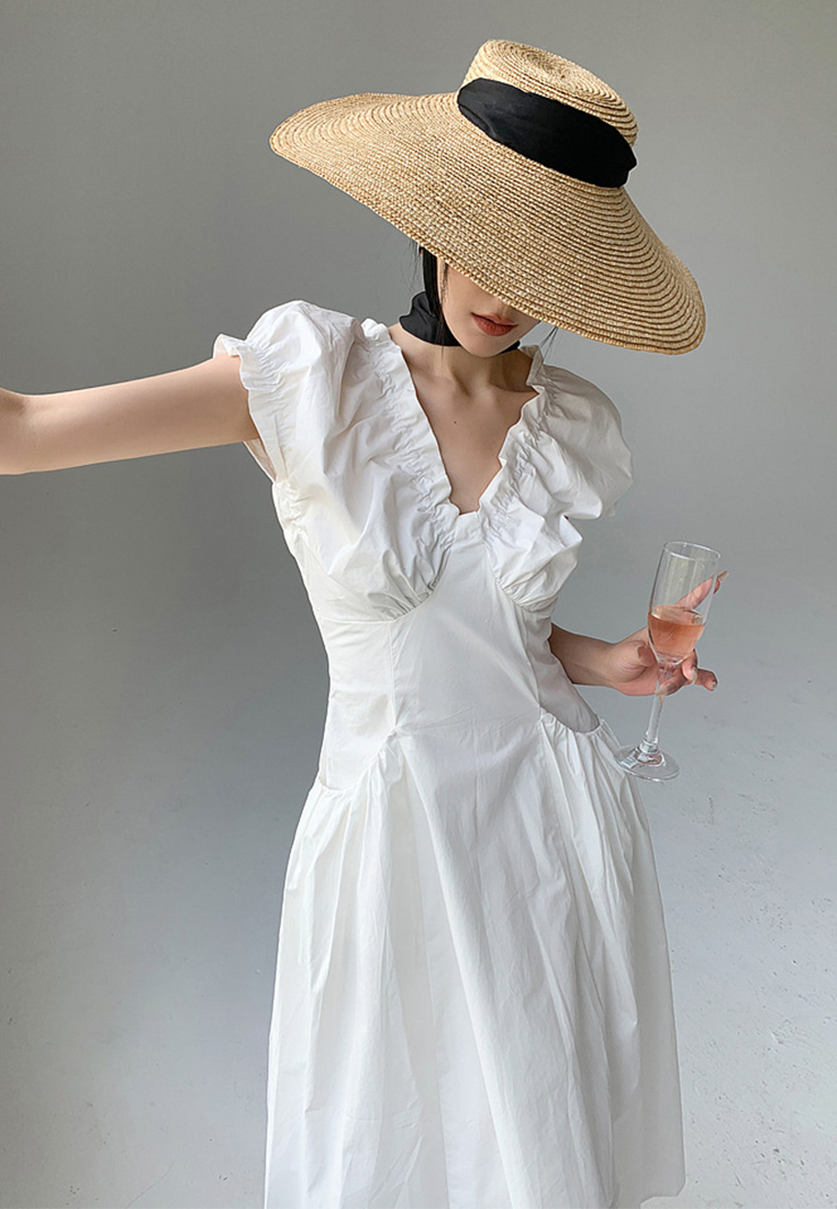 Summer French V-neck Puff Sleeve Dress CA25061714W
