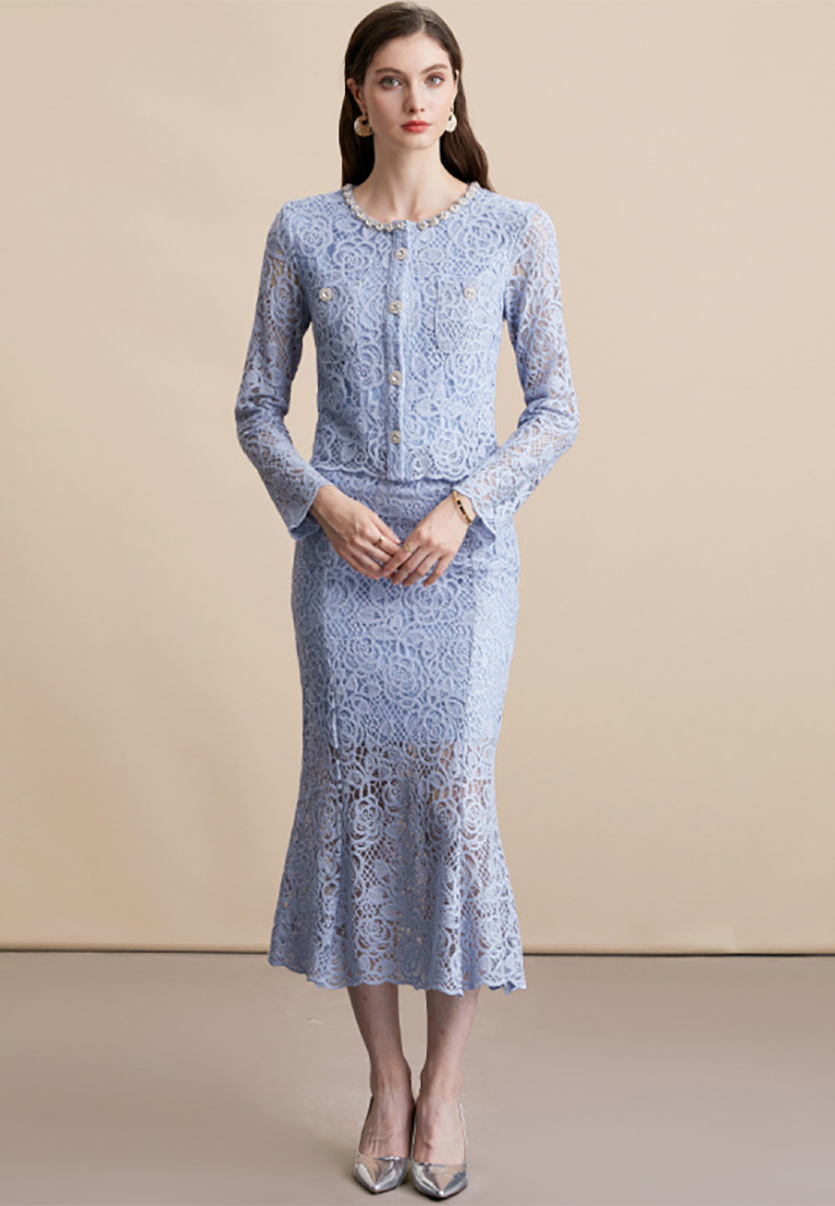 French-style Embroidered Long-Sleeved Lace Top with High-Waist Skirt Set CA25091515BL