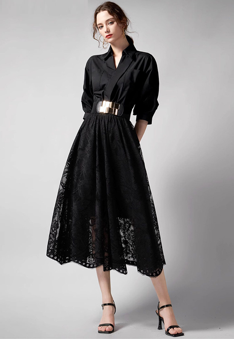 Autumn new high waist lace large swing shirt dress CA25100914BK