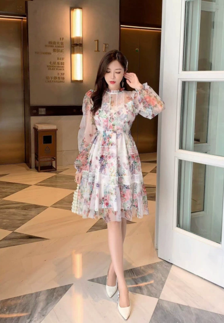 2025 new round neck long sleeved mesh printed dress CA25031214MT