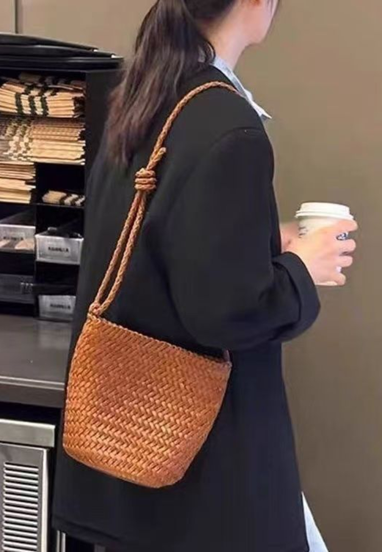 Vintage Woven Leather Bucket Crossbody Bag K 26051908