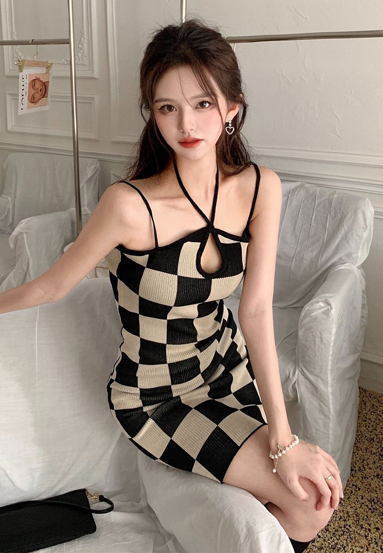 Summer halterneck suspender dress and elegant knitted dress CA24050614BK