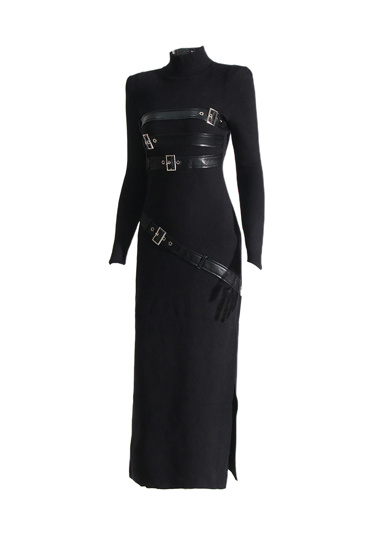 New round neck slim fit long sleeved dress CA242111914BK