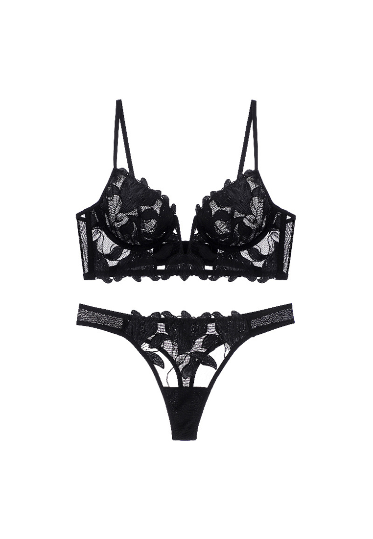 Sexy lily flower embroidered mesh underwear set CA24112014BL