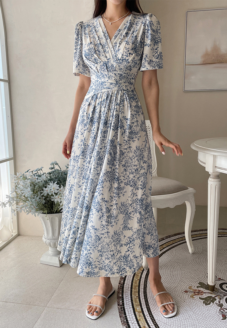 French style ink printed lace up dress CA25032714BK