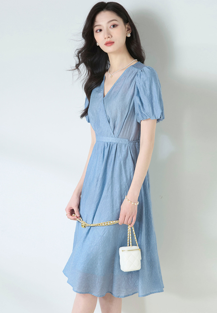 Summer French V-neck waist tie blue Tencel jacquard dress CA25052914BL