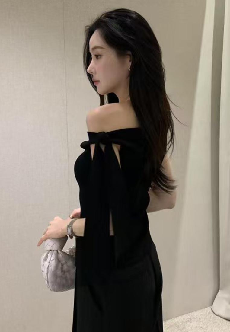 French style knitted short-sleeved top  CA25070914BK