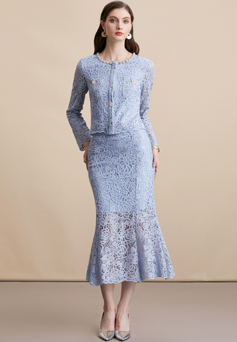 French-style Embroidered Long-Sleeved Lace Top with High-Waist Skirt Set CA25091515BL