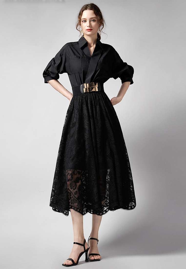 Autumn new high waist lace large swing shirt dress CA25100914BK