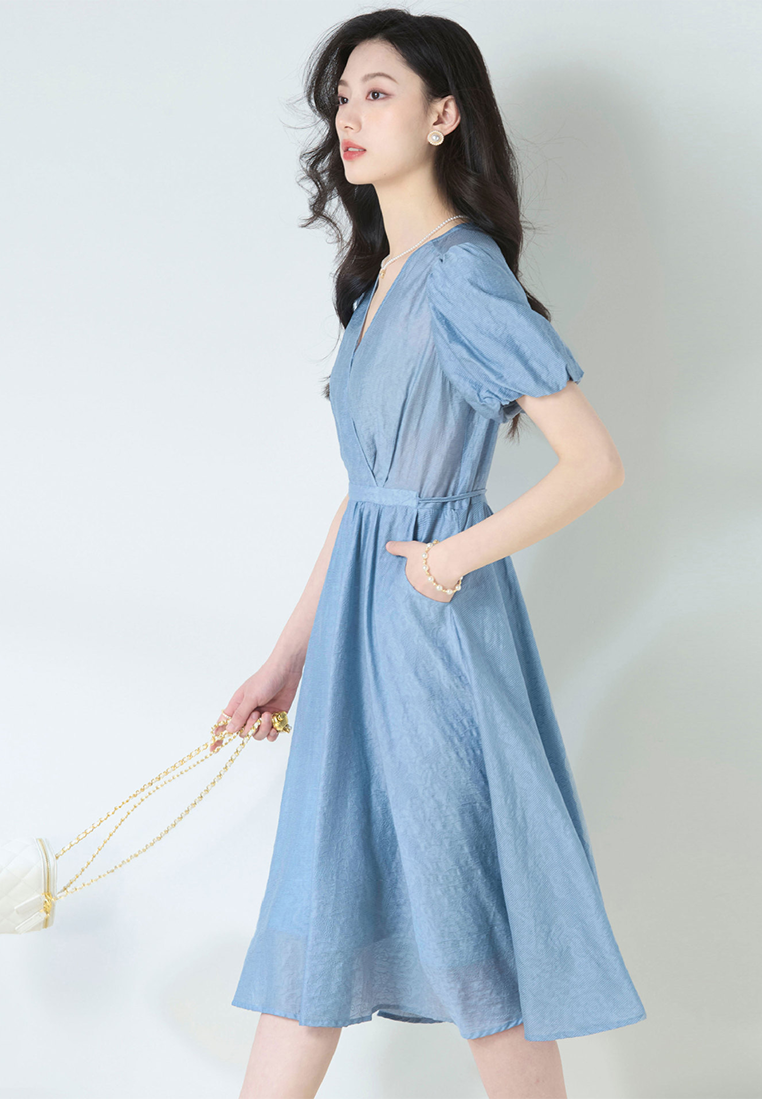 Summer French V-neck waist tie blue Tencel jacquard dress CA25052914BL