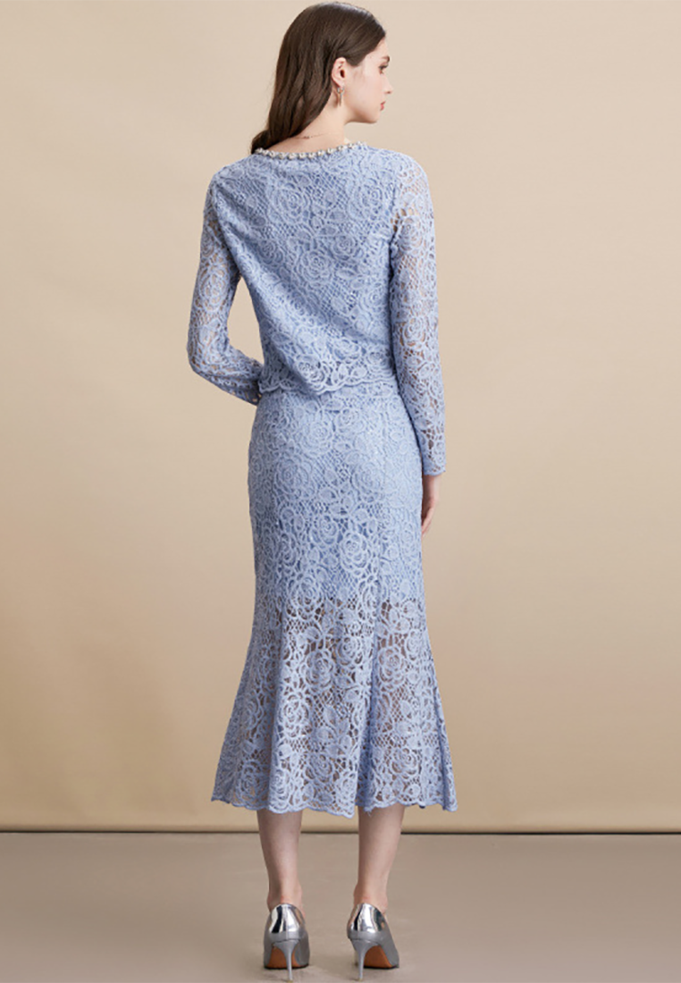 French-style Embroidered Long-Sleeved Lace Top with High-Waist Skirt Set CA25091515BL