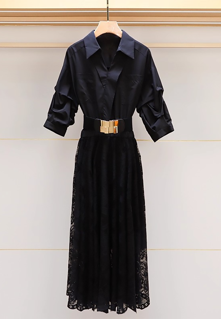 Autumn new high waist lace large swing shirt dress CA25100914BK