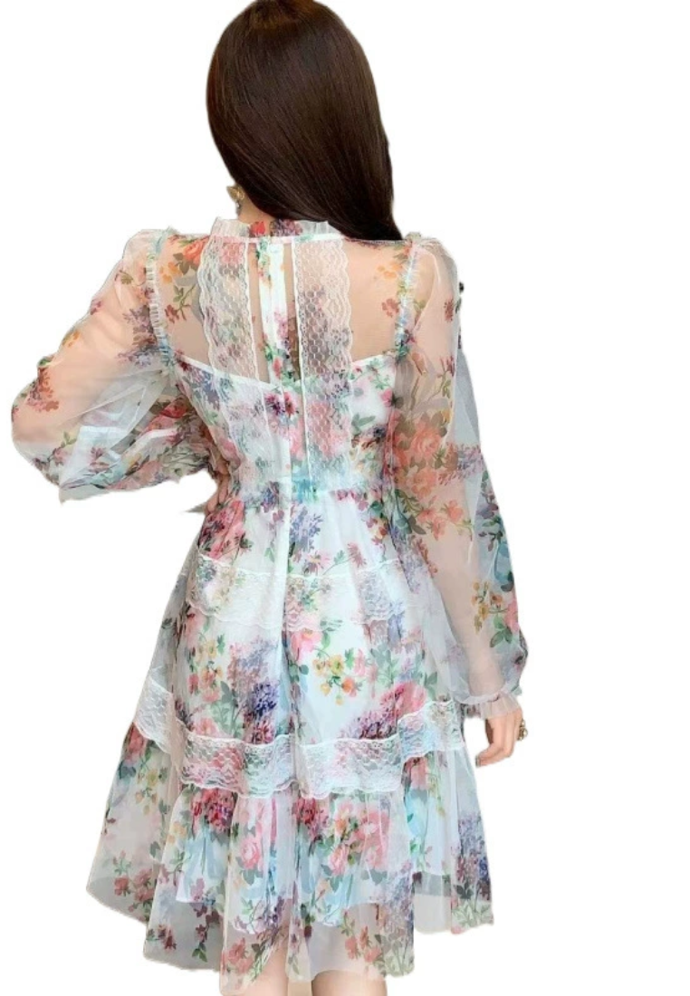2025 new round neck long sleeved mesh printed dress CA25031214MT