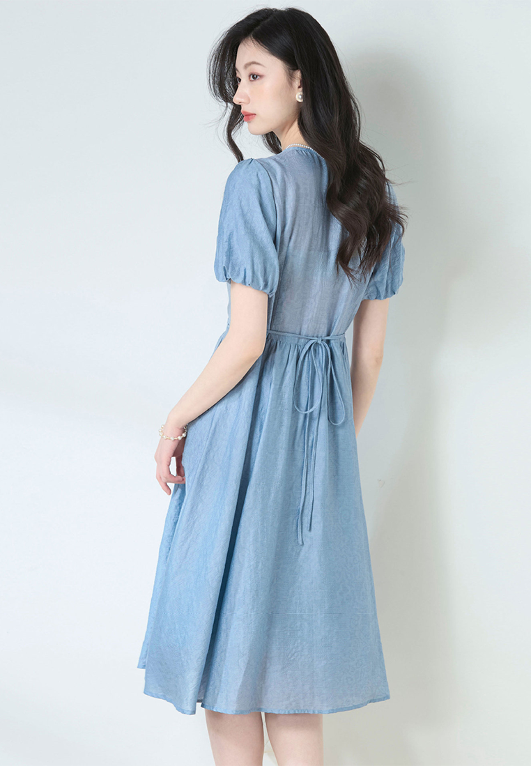 Summer French V-neck waist tie blue Tencel jacquard dress CA25052914BL