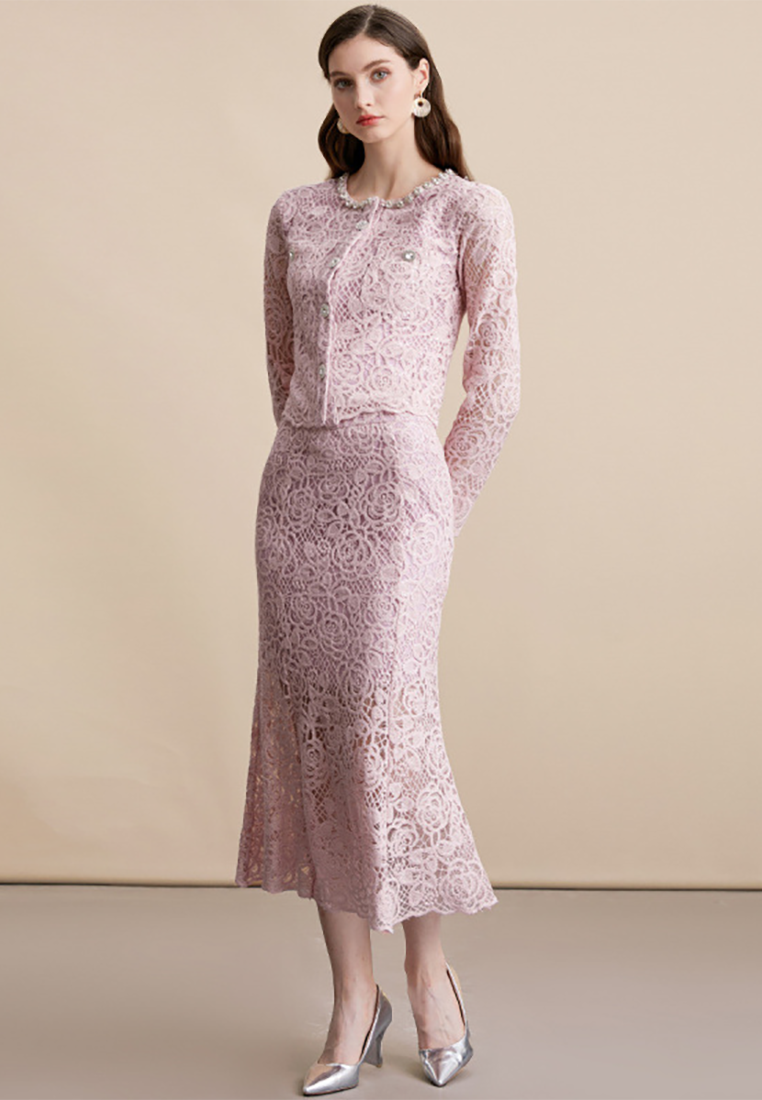 French-style Embroidered Long-Sleeved Lace Top with High-Waist Skirt Set CA25091515BL