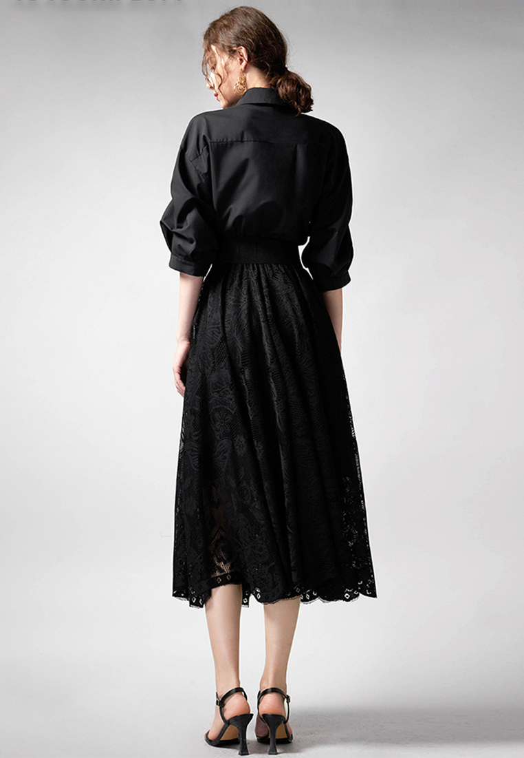 Autumn new high waist lace large swing shirt dress CA25100914BK