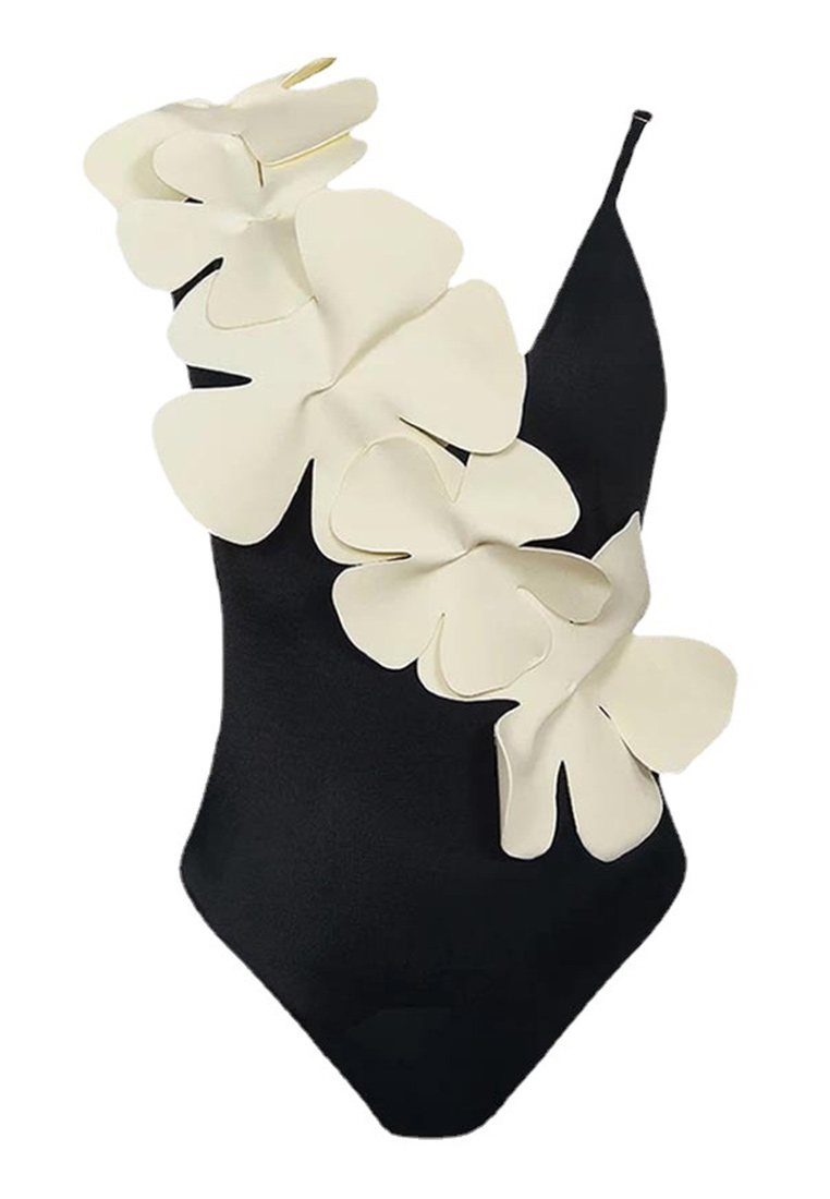  Retro elegant ruffled body-fitting one-piece waist-back strap hollow-out solid-color swimsuit CA23050414 -sunnydaysweety