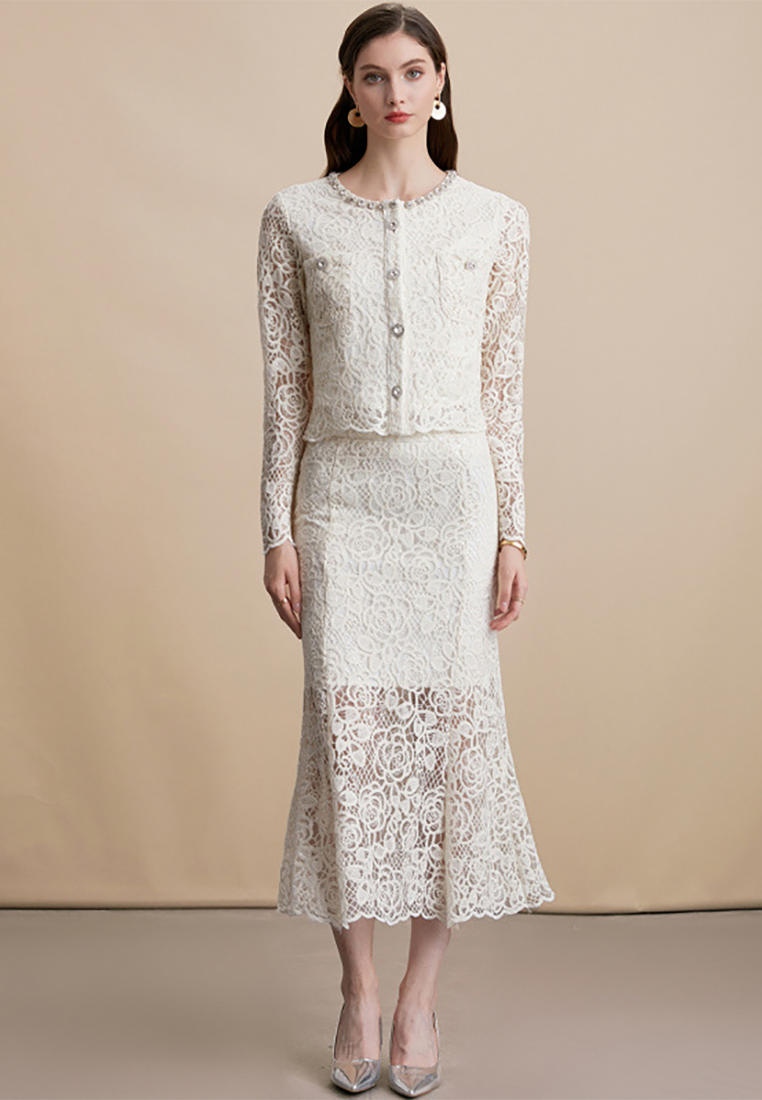 French-style Embroidered Long-Sleeved Lace Top with High-Waist Skirt Set CA25091515BL