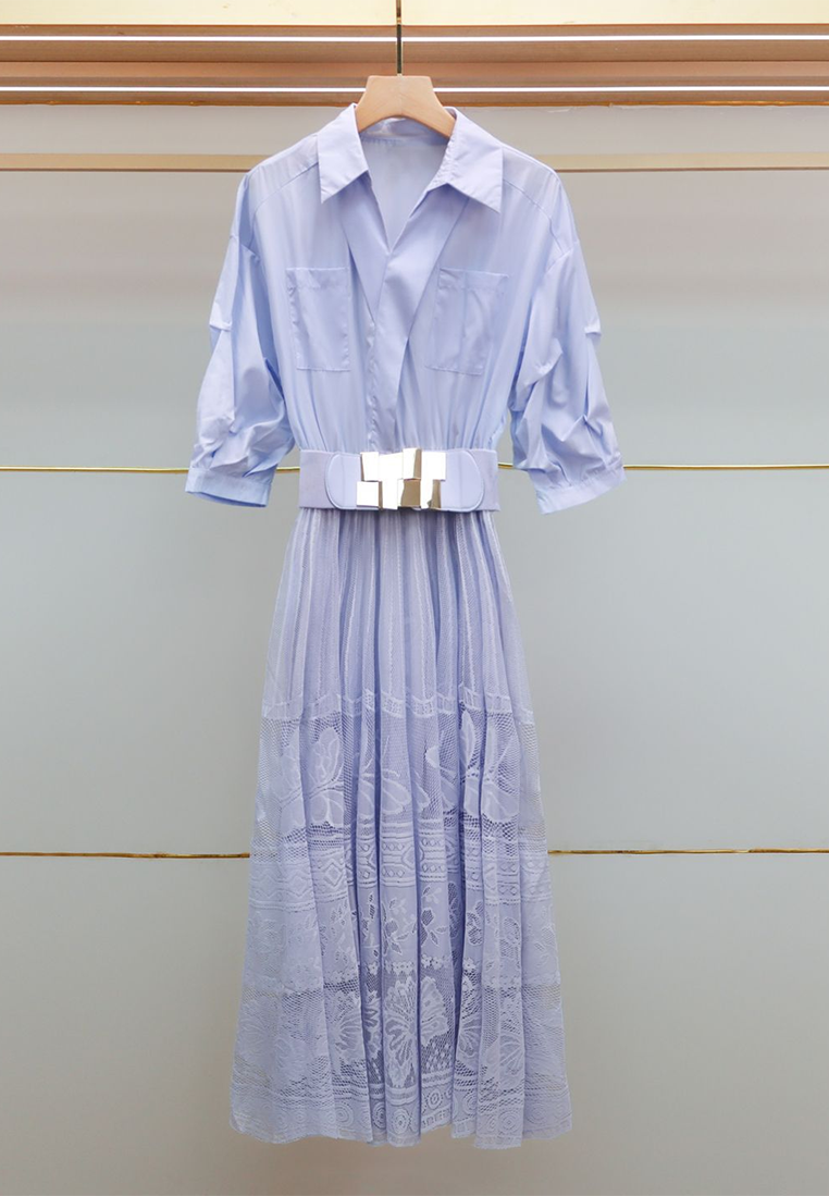 Autumn new high waist lace large swing shirt dress CA25100914BK