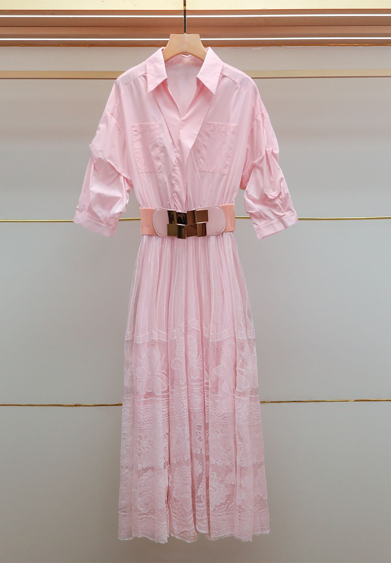 Autumn new high waist lace large swing shirt dress CA25100914BK