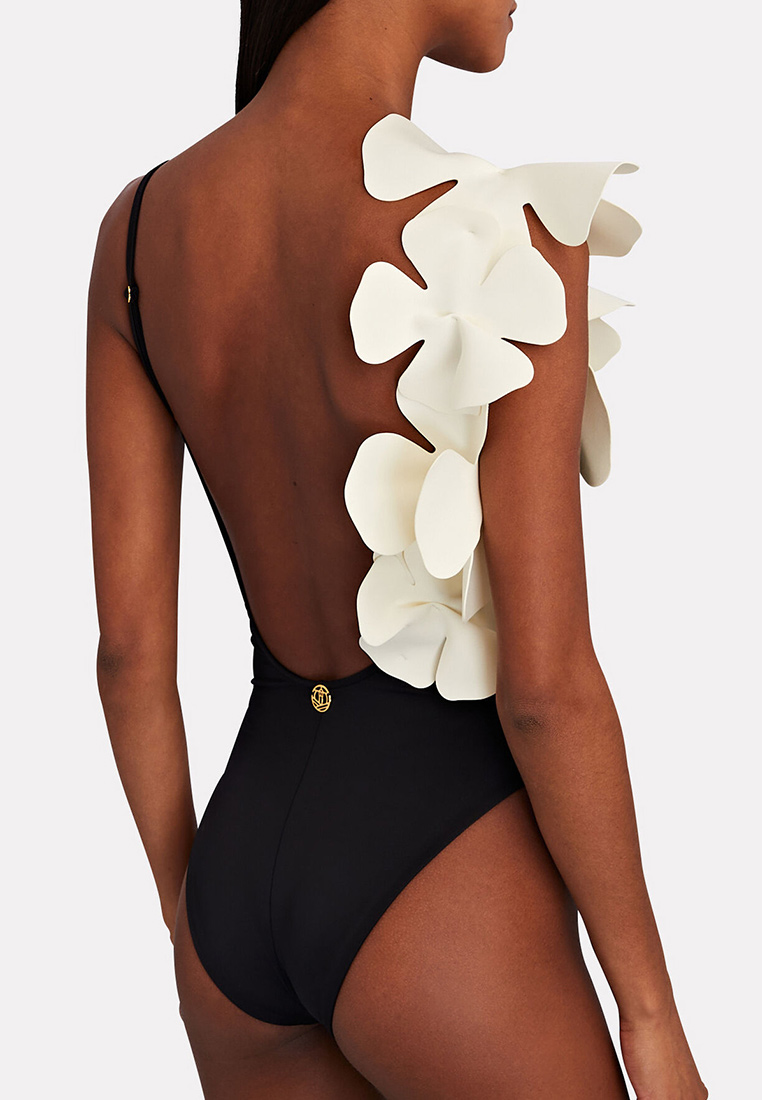  Retro elegant ruffled body-fitting one-piece waist-back strap hollow-out solid-color swimsuit CA23050414 -sunnydaysweety