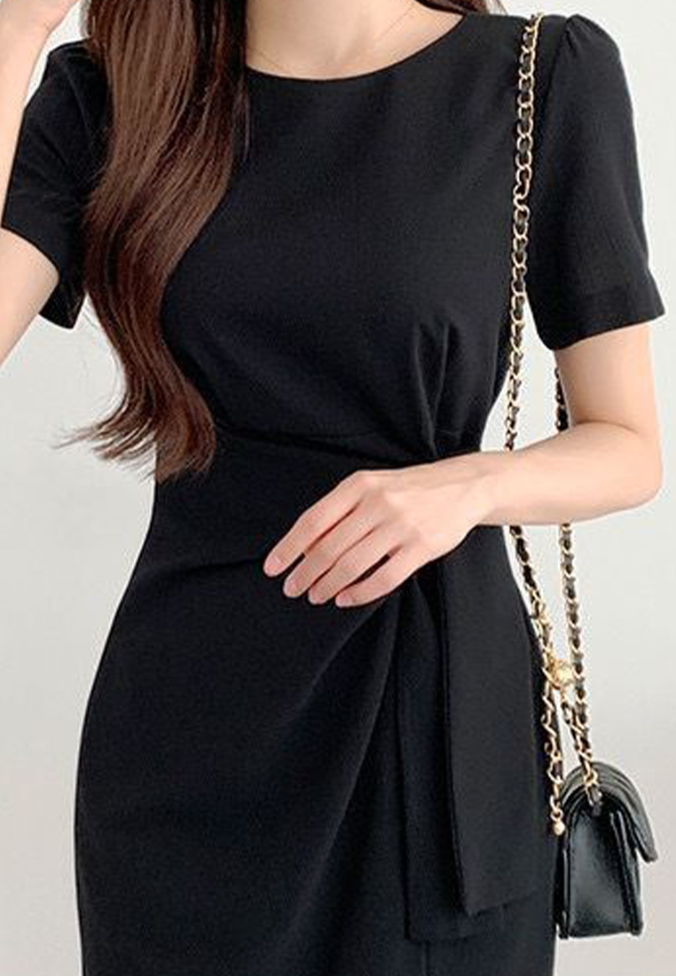 Retro round neck waist bag hip dress CA25032745BK