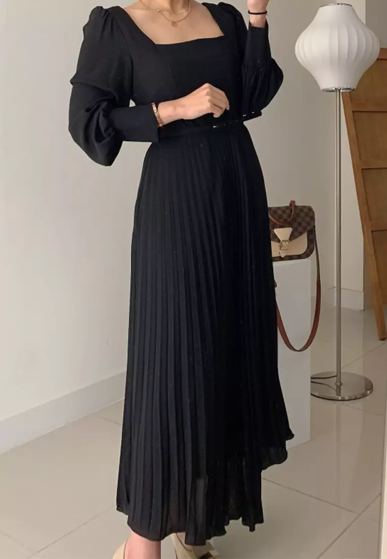 French square neck long sleeved pleated dress CA24092722BK