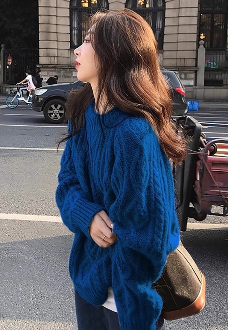 New Autumn Winter Klein Blue Cable-Knit Thickened Wool Sweater CA25110715BL