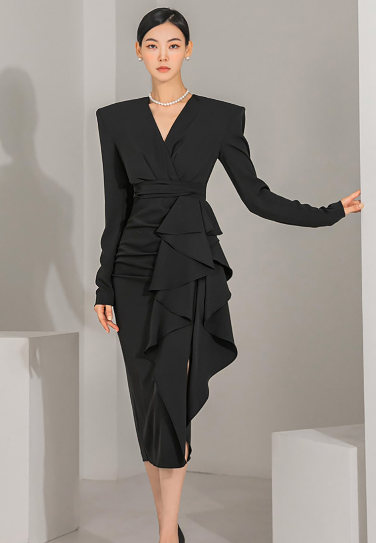 2024 autumn new elegant V-neck ruffled dress CA24073115BK