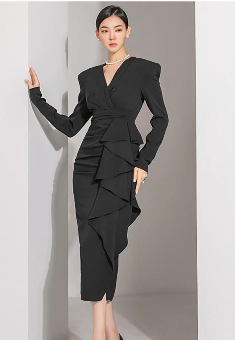 2024 autumn new elegant V-neck ruffled dress CA24073115BK