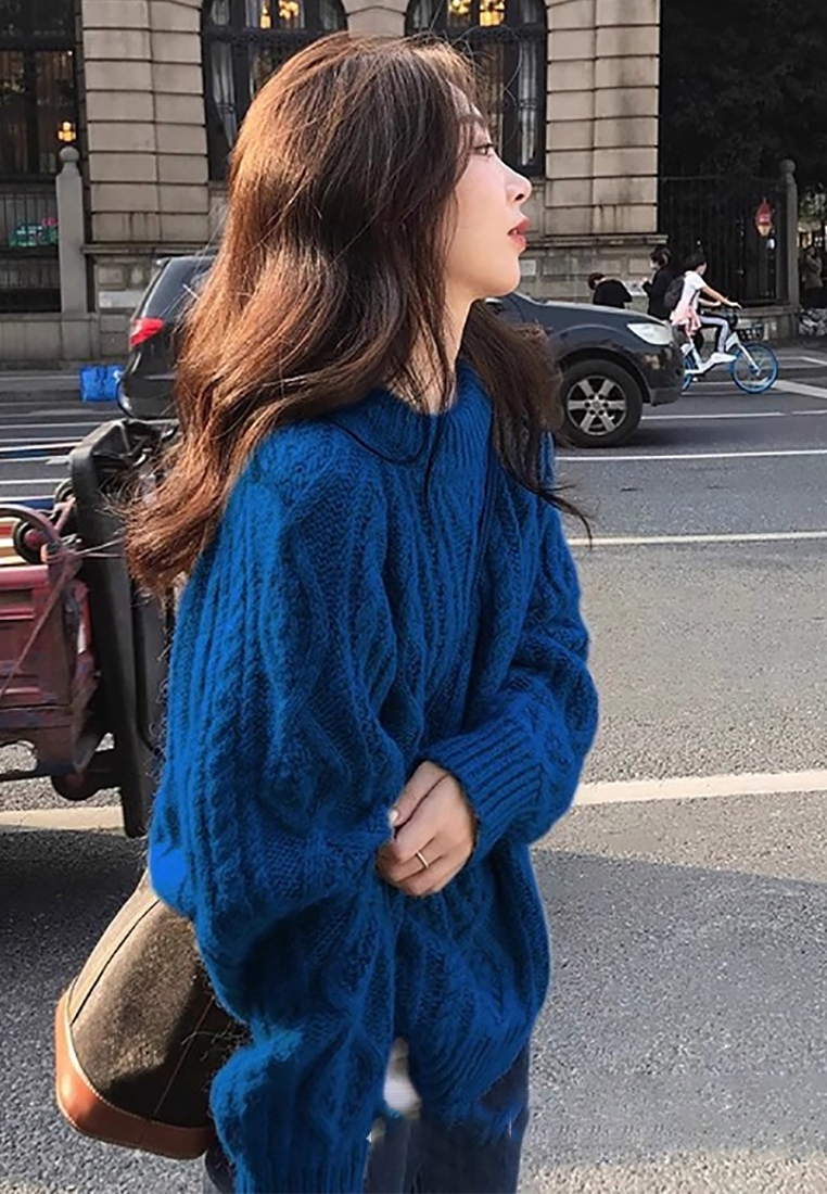 New Autumn Winter Klein Blue Cable-Knit Thickened Wool Sweater CA25110715BL