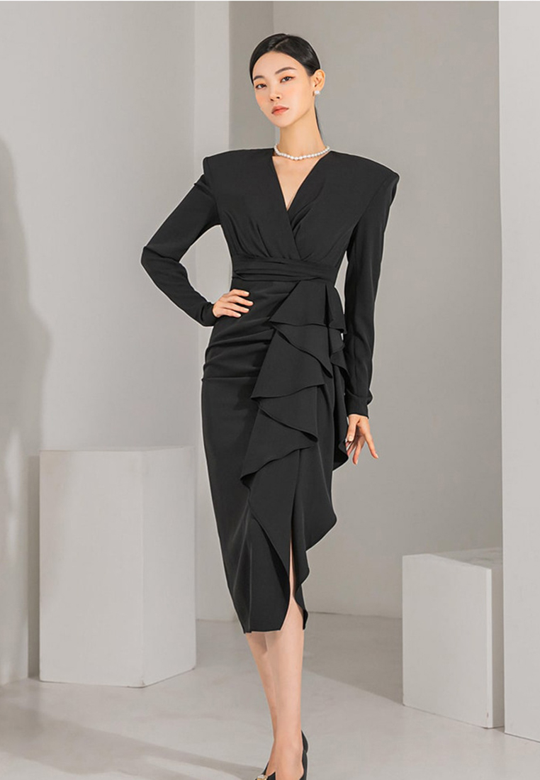 2024 autumn new elegant V-neck ruffled dress CA24073115BK