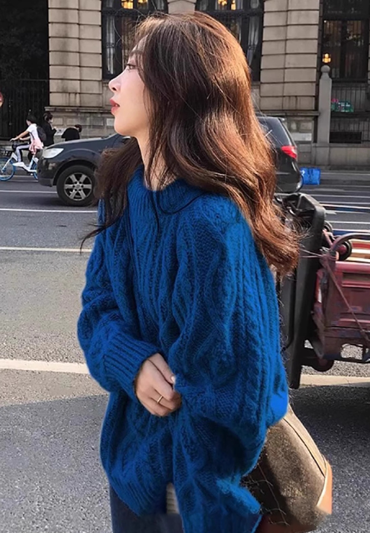 New Autumn Winter Klein Blue Cable-Knit Thickened Wool Sweater CA25110715BL